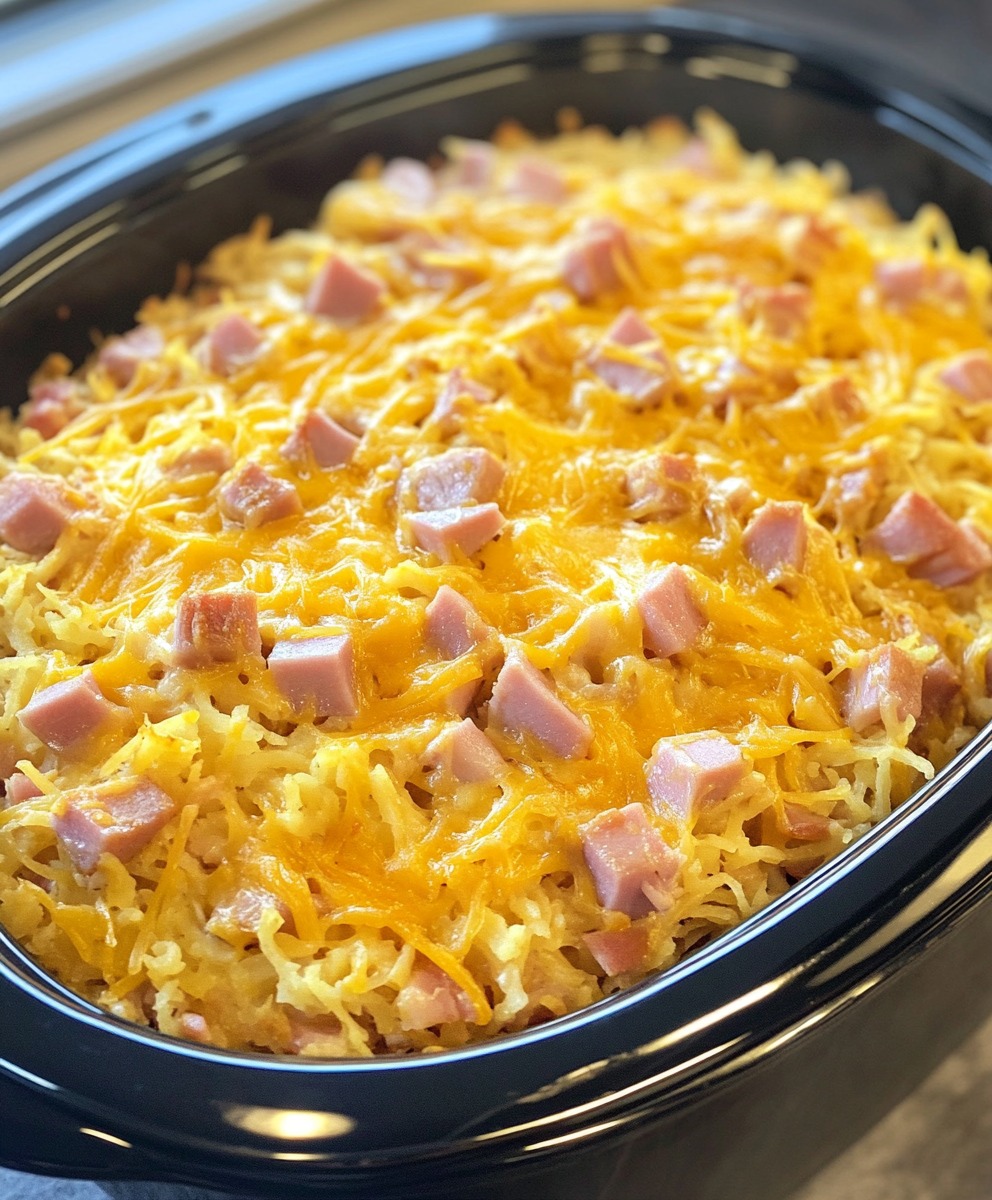 Slow Cooker Cheesy Ham & Hash Brown Bake